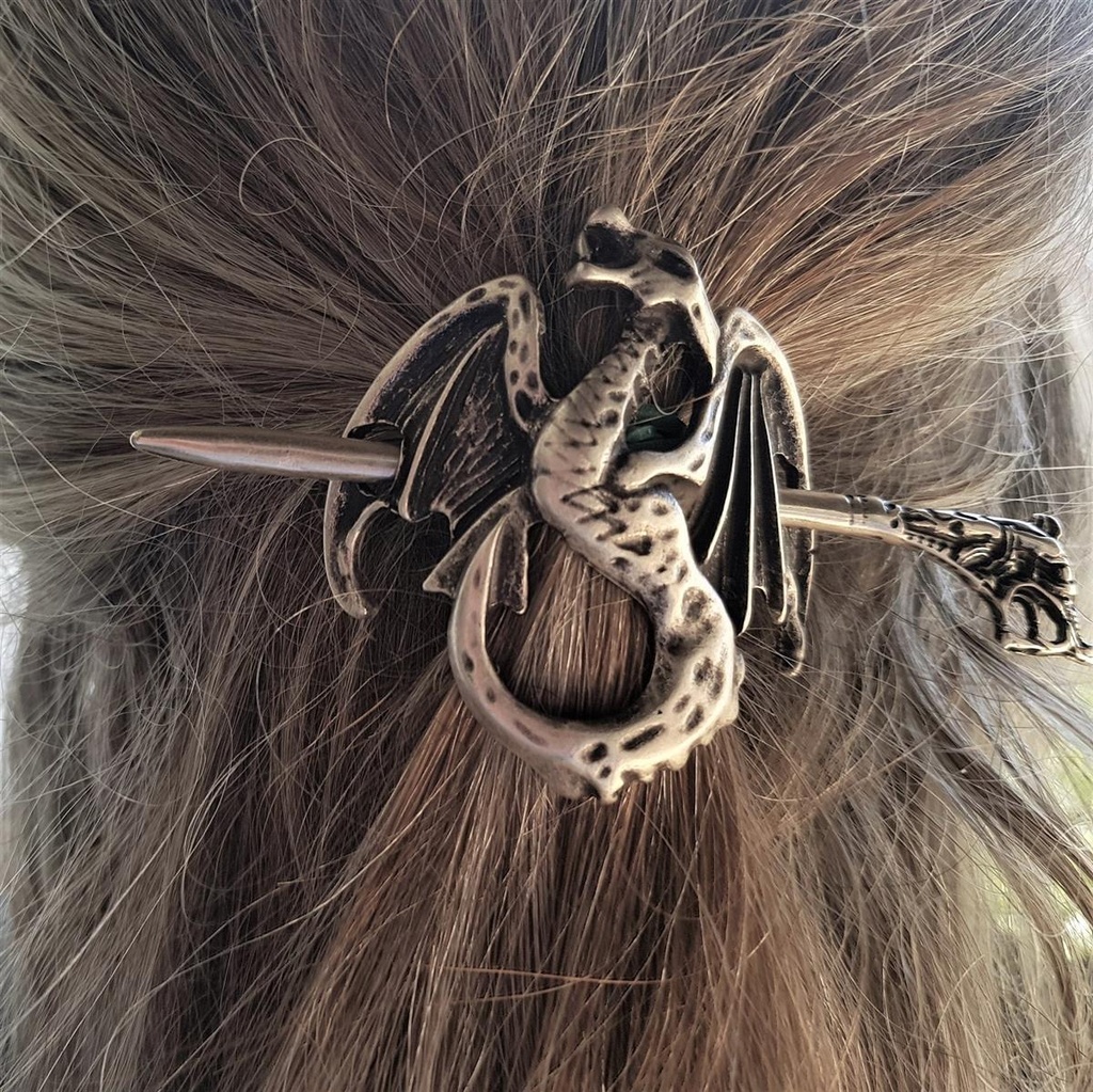 [A-679-1] Haarspange Wyvern Nordischer Drache – Silberfarbener Haarschmuck mit Drachenkopf-Nadel 55 mm