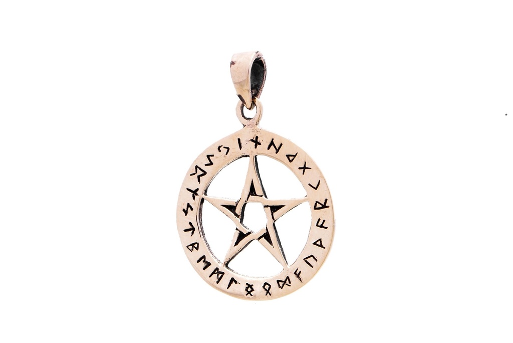Schmuckstück  Kelten Schmuck Anhänger ASKA Ø 2.4 cm Futhark Runen Pentagramm Schutz Amulett Bronze 3.4 cm