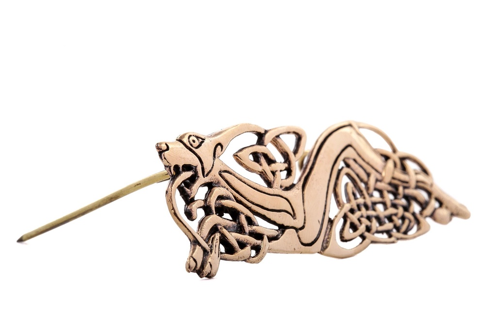 Keltische Fibel Brosche "Seelenfreund" aus Bronze – Große Gewandnadel mit Hundemotiv 7,4 cm