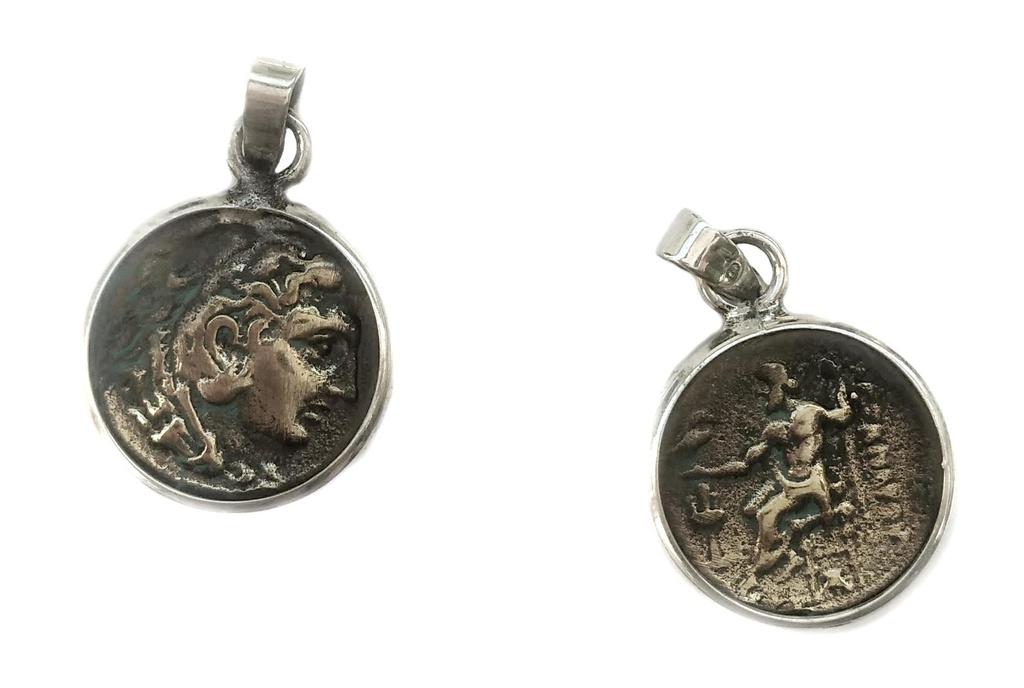 [WK2015-am160] Schmuck Anhänger ZEUS & HERA – Antike Münze aus Bronze mit 925er Silberfassung 