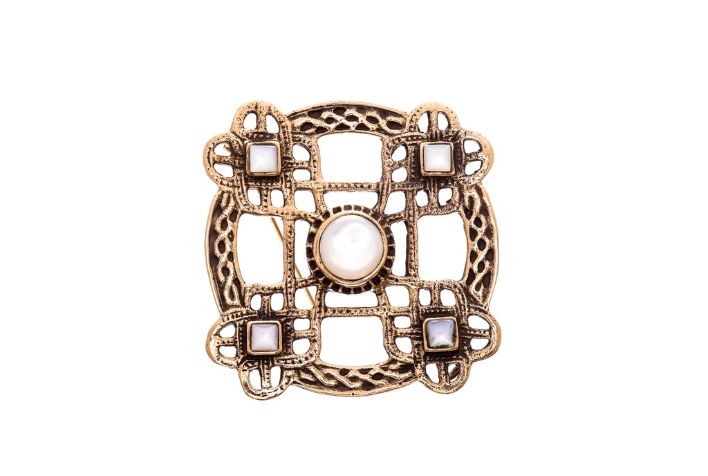 Schmuck Fibel Thura – Mittelalter Brosche mit Perlmutt 4,3 cm – Bronze – Historische Gewandfibel 