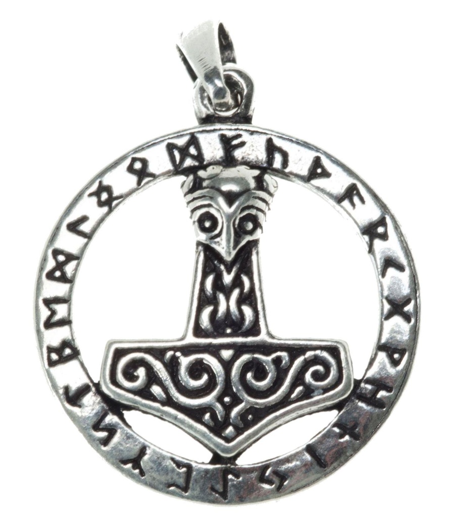 Anhänger Mjölnar Thors Hammer aus Silber 925 – Mjölnir mit Runen 2,6 cm Ø Wikinger Amulett