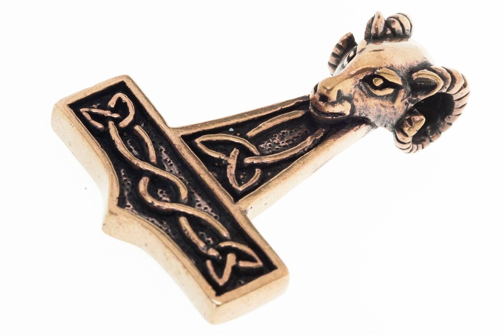 Thorshammer Anhänger MJÖLNAR aus Bronze – Mjölnir mit Widderköpfen & Knotenmuster 4,5 cm