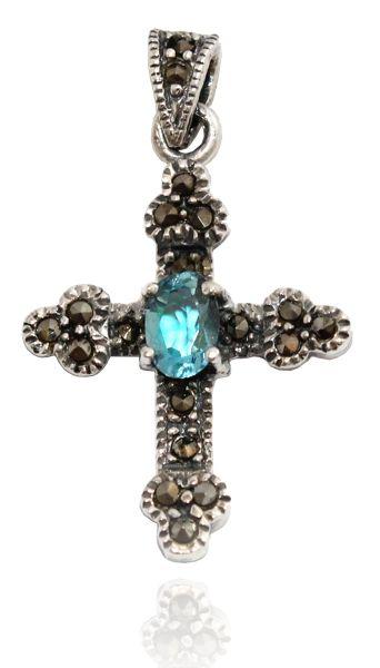 [ak23] Schmuckstück  Schmuck Anhänger LÀRA 3.2 cm Kleines Kreuz Aquamarin Kristall Silber 3.2 cm
