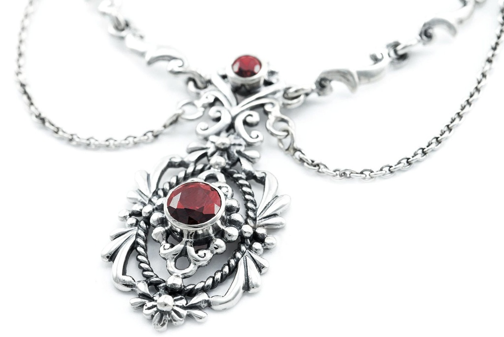 [hs3] Mittelalter Collier „Aris“ aus 925er Silber mit Granatsteinen – Gothic-Schmuck 45 cm