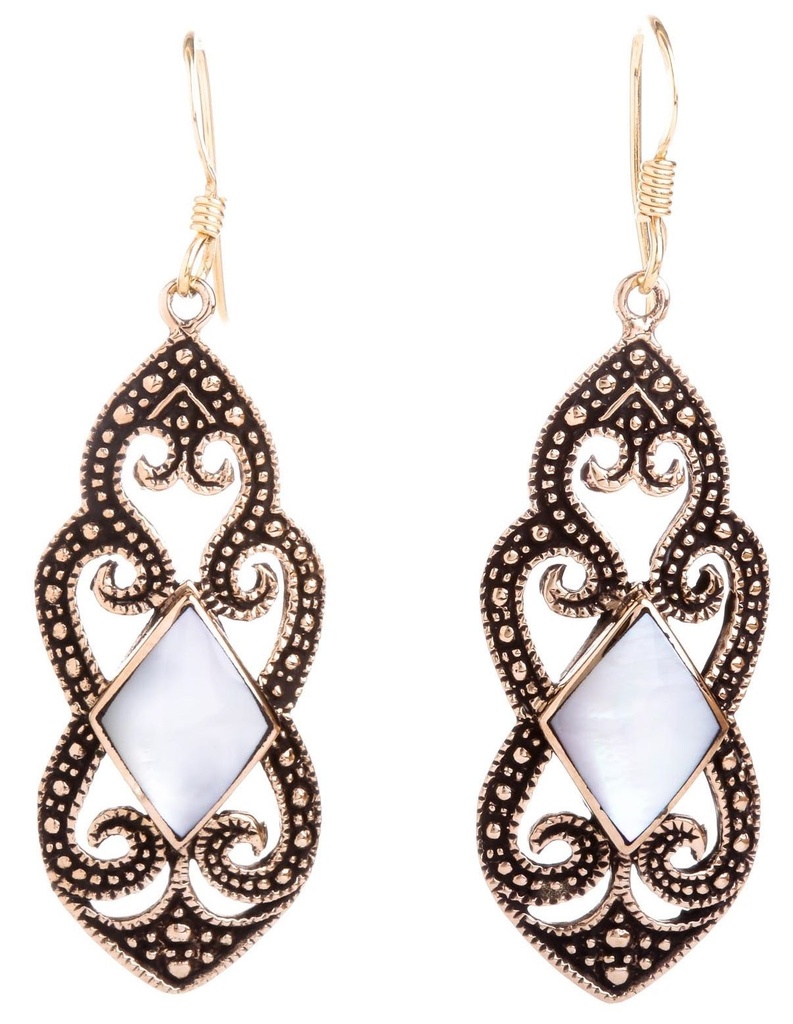 Schmuck Ohrhänger Svala Perlmutt 5,1 cm – Bronze – Wikinger Ohrringe mit Perlmuttstein