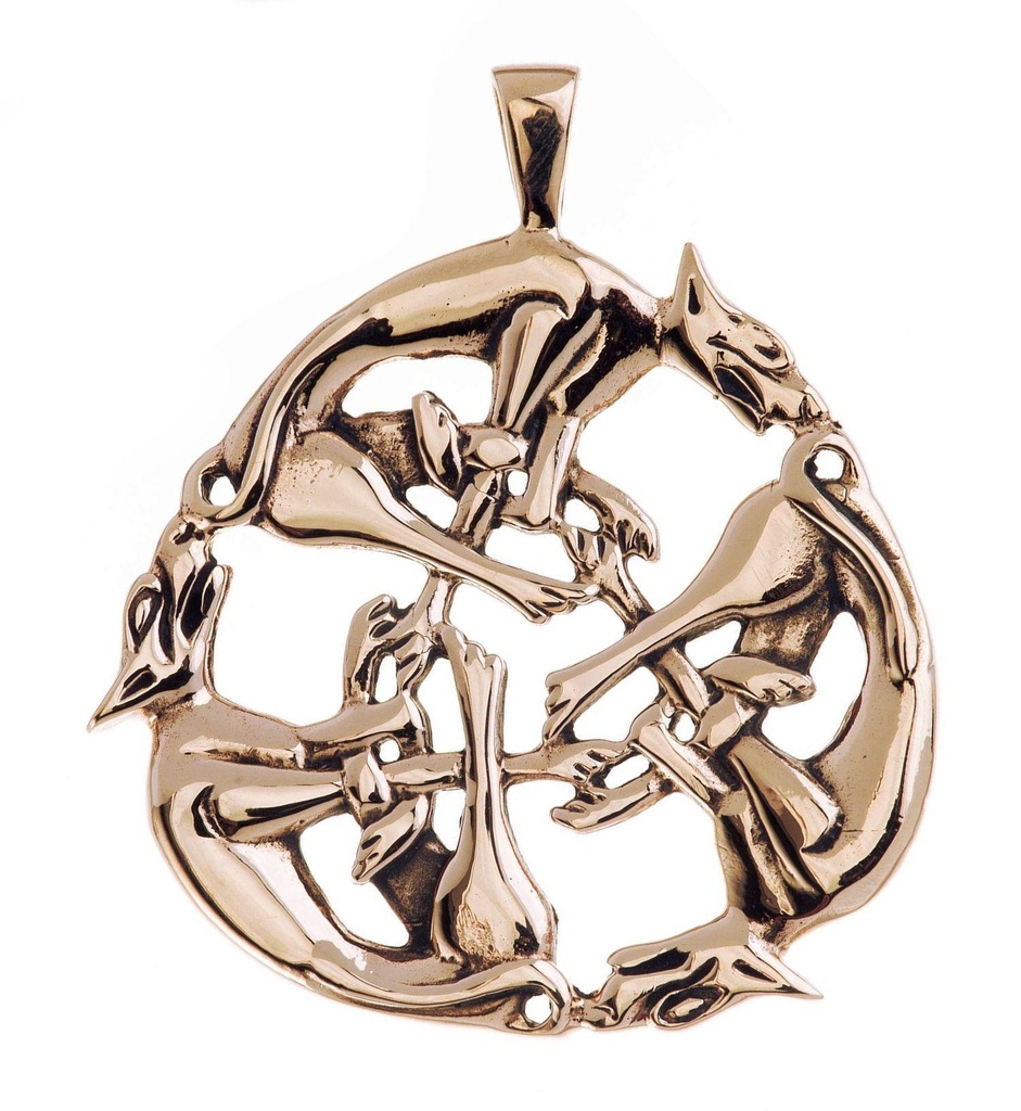 Schmuck Anhänger Die Wilde Jagd 4,5 cm – Bronze – Keltisches Amulett mit drei jagenden Hunden für Schutz & Energie
