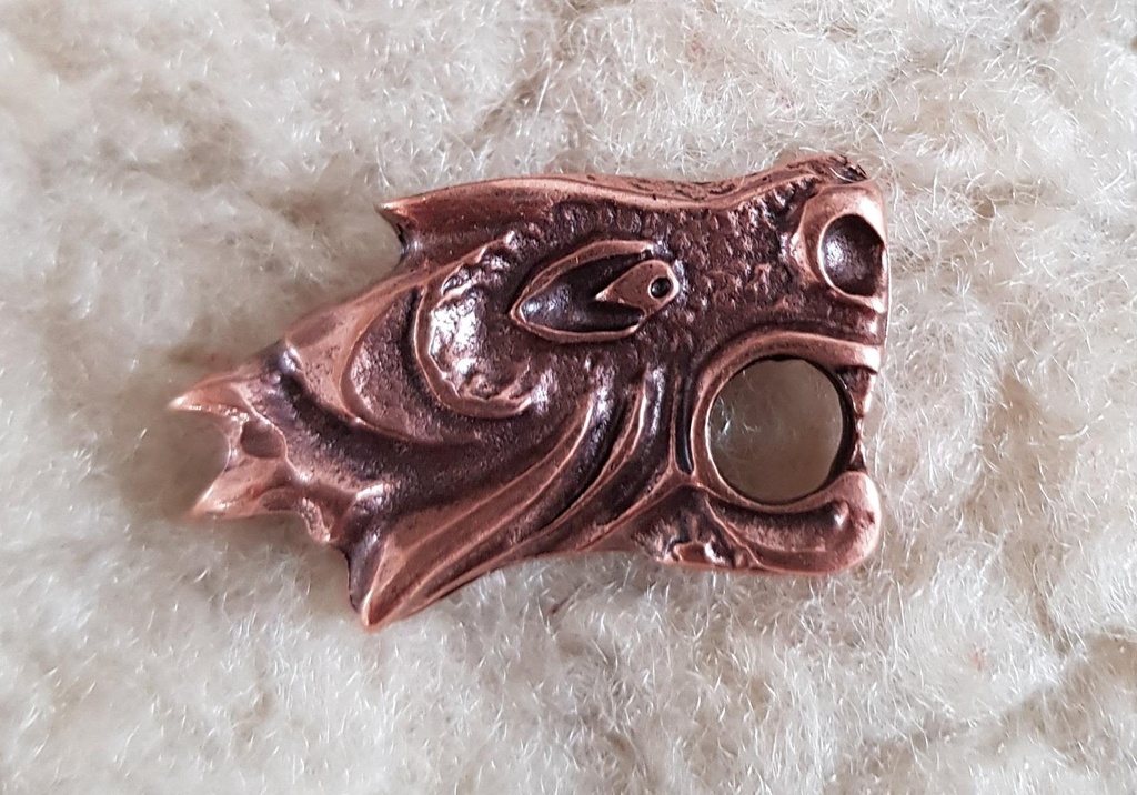Drachenkopf-Beschlag in Kupferoptik – Rechtsschauender Wikinger-Zierbeschlag 29 x 18 mm 