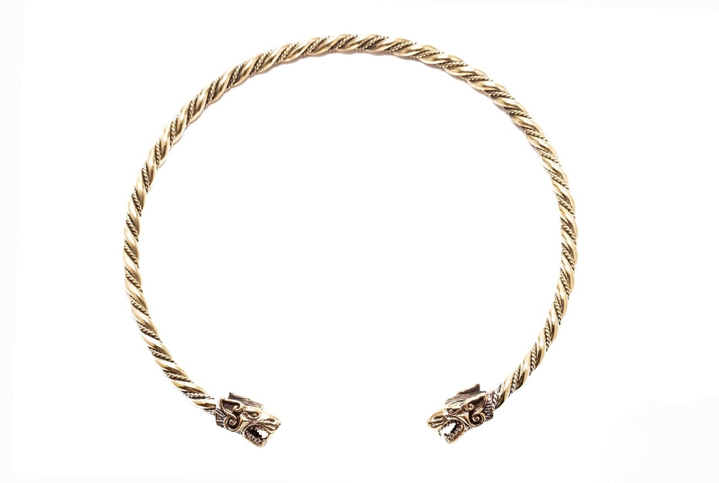 Wikinger Halsreif „Fenrar“ aus Bronze – Tordierter Torques mit Wolfsköpfen Ø 14 cm