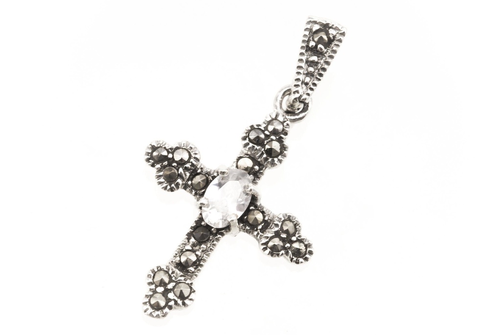 [ak23-2] Mittelalter Kreuz-Anhänger LÁRA mit weißem Kristall aus 925er Silber – Symbol für Schutz und Reinheit (3,2 cm) 