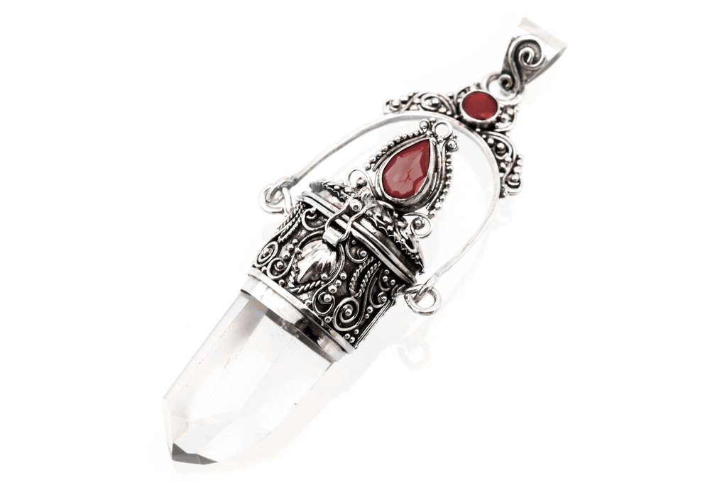 Schmuck Anhänger Sonola mit Bergkristall und Granat 8,5 cm – Silber 925 – Mystisches Medaillon für Schutz und Klarheit