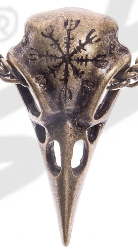 Anhänger Rabenschädel mit Aegishjalmur – Altmessingfarbener Wikinger-Schmuck aus ZAMAK, nickelfrei