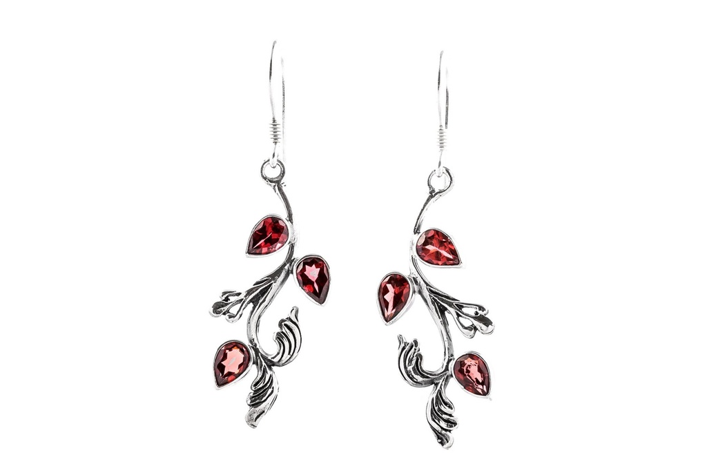 Schmuck Ohrhänger Elfenblätter mit Granatsteinen 4,6 cm – Silber 925 – Naturinspirierte Ohrringe mit Edelstein