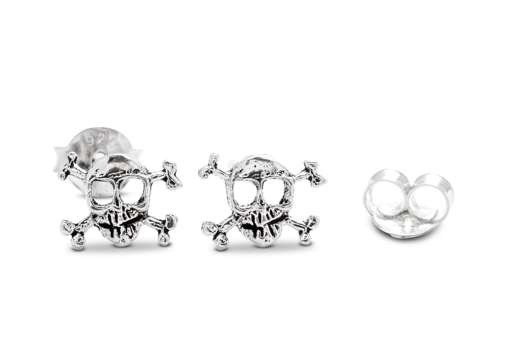 Ohrstecker Skulls aus Silber – Totenkopf & Knochen Ohrringe 925er Piratenmotiv 8 mm