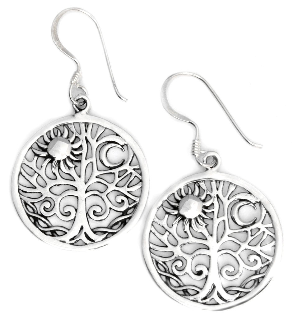 Ohrhänger ALINE aus 925er Silber 4 cm – Sonne & Mond im Lebensbaum Symbolschmuck
