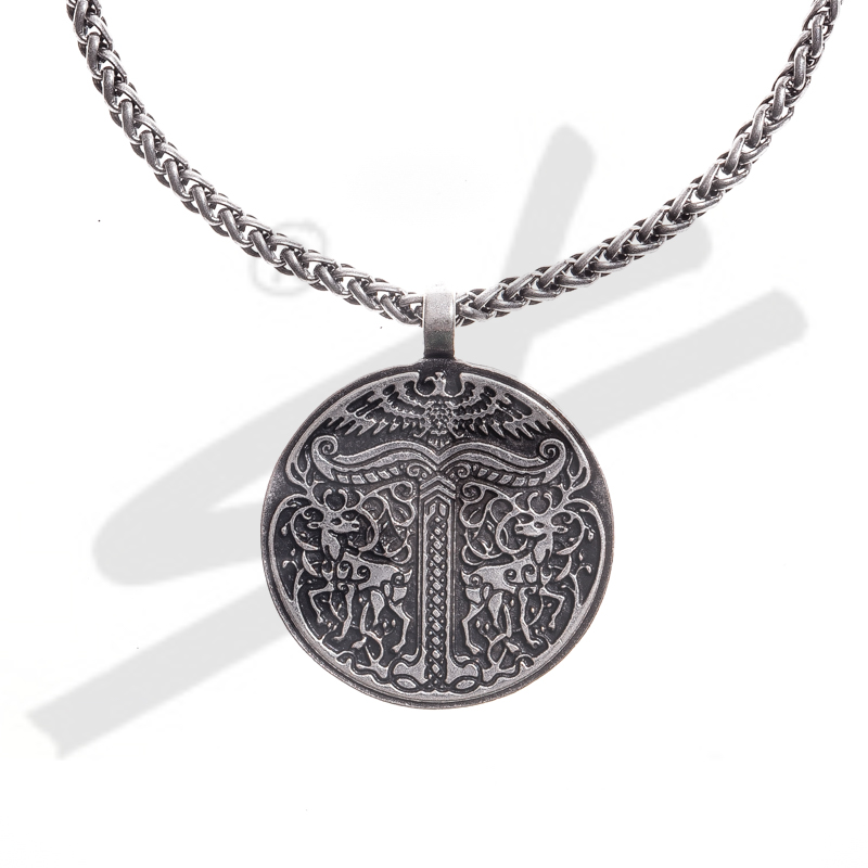 [PK-5110-1] Halskette „Irminsul mit Hirschen & Adler“ – Silberfarbener Weltenbaum-Anhänger