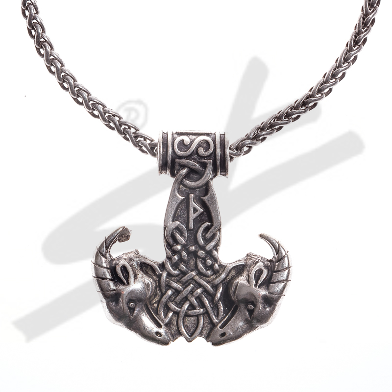 [33334] Halskette Thor-Hammer mit Ziegenköpfen , silberfarben