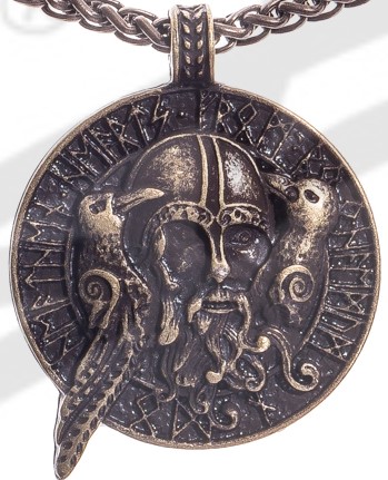 [P-5106-21] Odin Anhänger altmessingfarben – Mit Hugin, Munin & Triskele aus Zamak