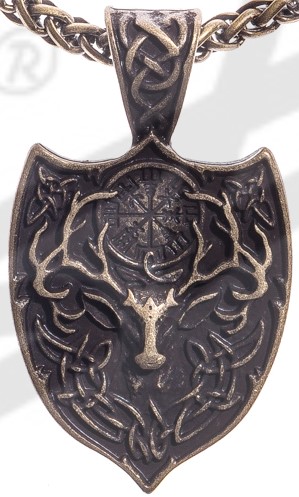 Altmessingfarbener Wikinger Anhänger – Hirschwappen mit VEGVISIR Symbol