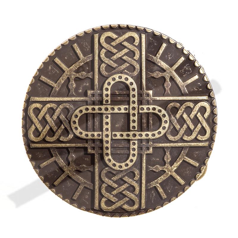 Merowinger Gürtelschließe messingfarben – Runde Mittelalter-Schnalle mit Kreuz- und Knotenmuster für 4 cm Gürtel