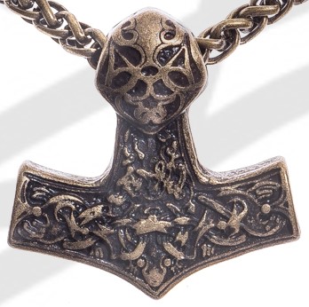 [P-5118-21] Thor-Hammer Anhänger altmessingfarben – Beidseitig verzierter Mjölnir mit Tierornamentik aus Zamak
