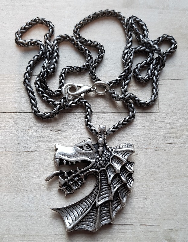 Silberfarbener Drachenkopf – Wikinger-Halskette im Nordstil | Mittelalter Schmuck