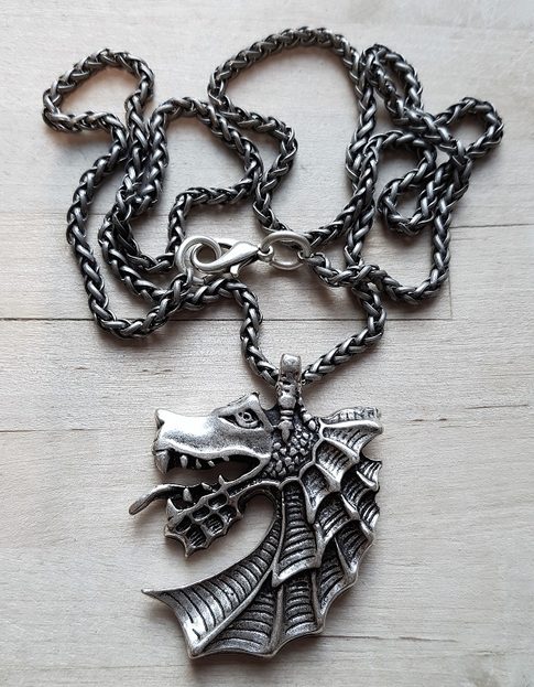 [PK-5128-1] Silberfarbener Drachenkopf – Wikinger-Halskette im Nordstil | Mittelalter Schmuck
