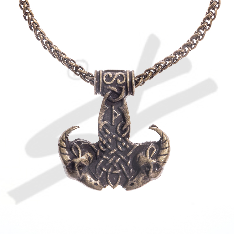 [32700] Halskette Thor-Hammer mit Ziegenköpfen , altmessingfarben