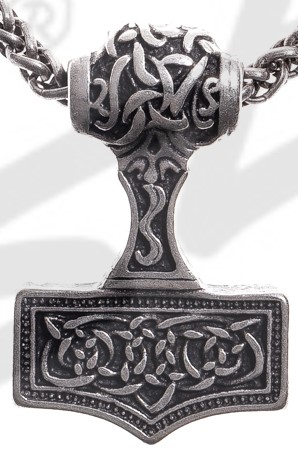 Thor-Hammer Anhänger silberfarben – Beidseitig verzierter Mjölnir mit Knotenmuster aus Zamak