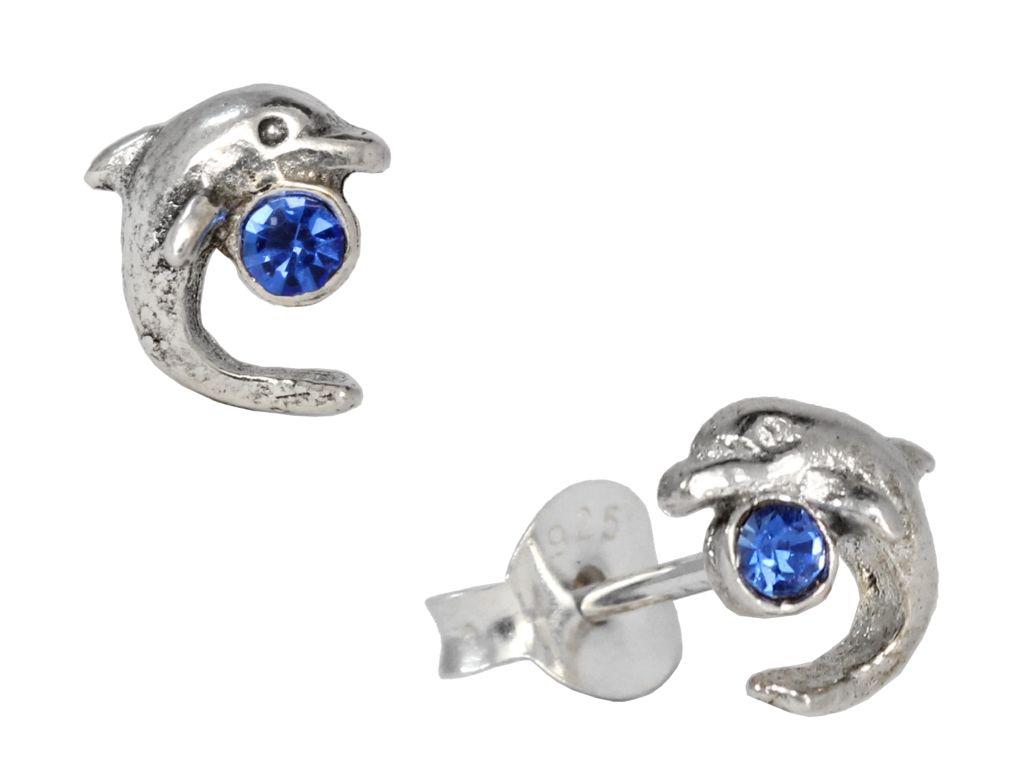 Ohrstecker Kiana aus Silber – Delfin Ohrringe 925er mit blauem Zirkonia 6 mm