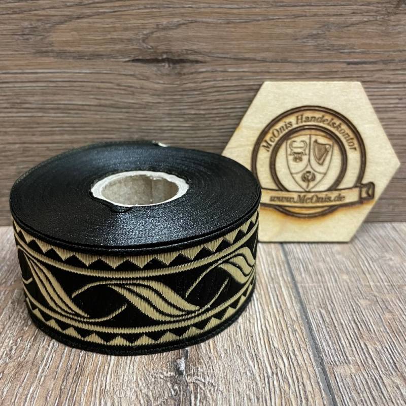 [B33014-schw] Borte Blumenranke in schwarz-gold 33 mm- 10 m - Webborte zur Verzierung mittelalterlicher Kostüme und Larp Gewandungen