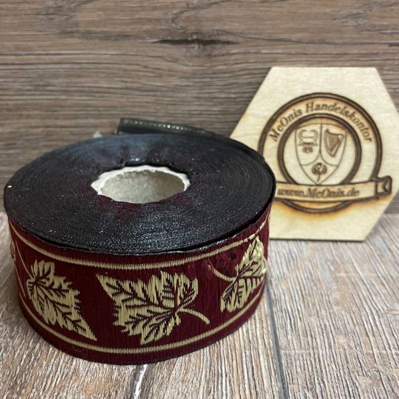 [B33086-brdx] Borte Blätter in bordeaux-gold, 33 mm, 10 m auf Rolle - Webborte zur Verzierung mittelalterlicher Kostüme und Larp Gewandungen 