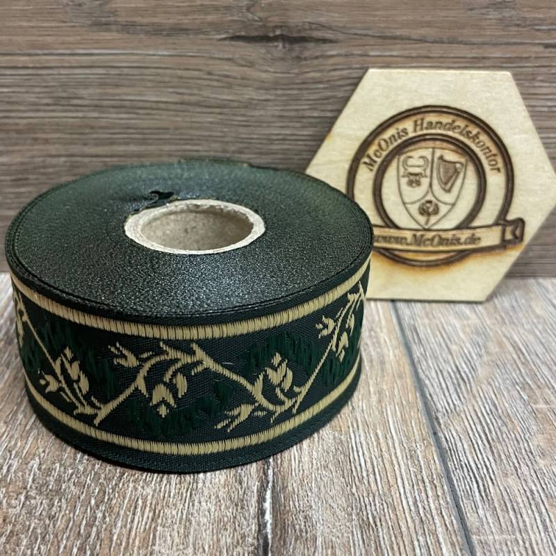 Borte Blumenranke 2 in grün-gold 33 mm- 10 m - Webborte zur Verzierung mittelalterlicher Kostüme und Larp Gewandungen