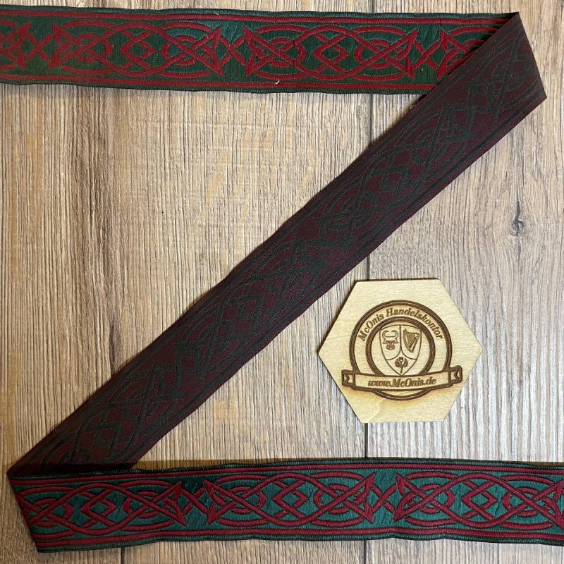 Borte Keltisch 4 in grün-bordeaux, 33 mm auf 5 m Rolle - Webborte zur Verzierung mittelalterlicher Kostüme und Larp Gewandungen