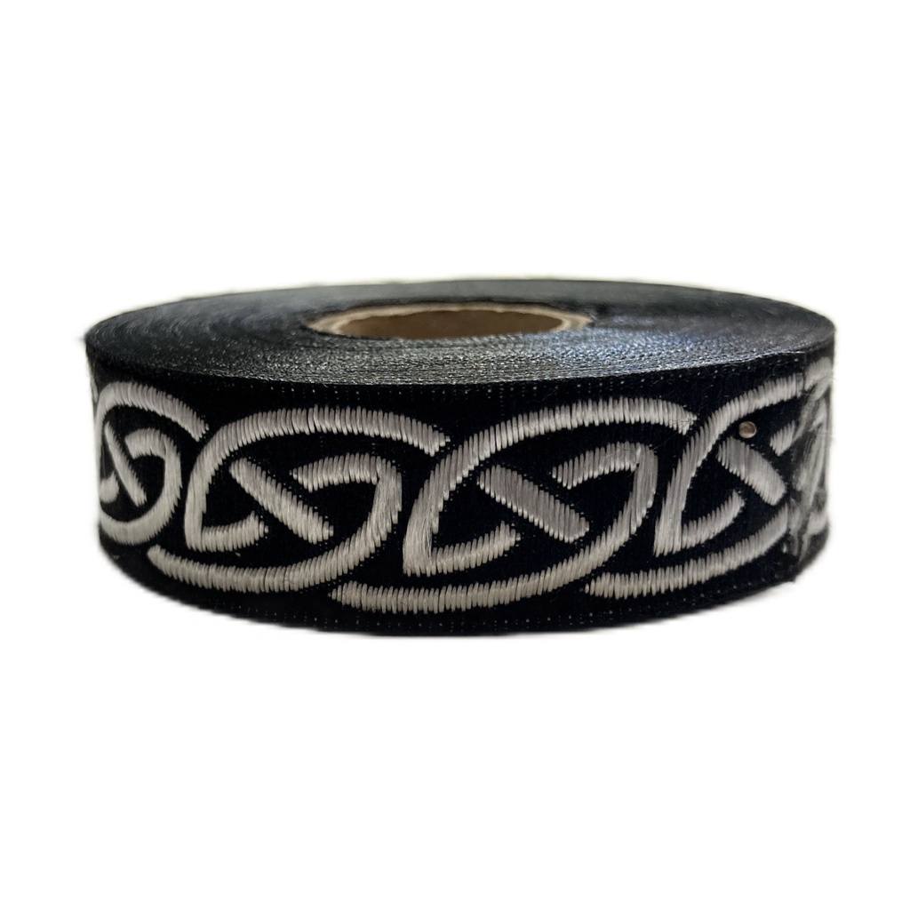 Borte Keltisch 2 in Schwarz-silber, 19 mm- Webborte zur Verzierung mittelalterlicher Kostüme und Larp Gewandungen