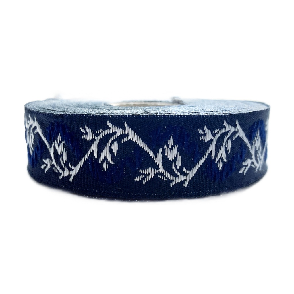 Borte Blumenranke in blau-silber, 19 mm- Webborte zur Verzierung mittelalterlicher Kostüme und Larp Gewandungen