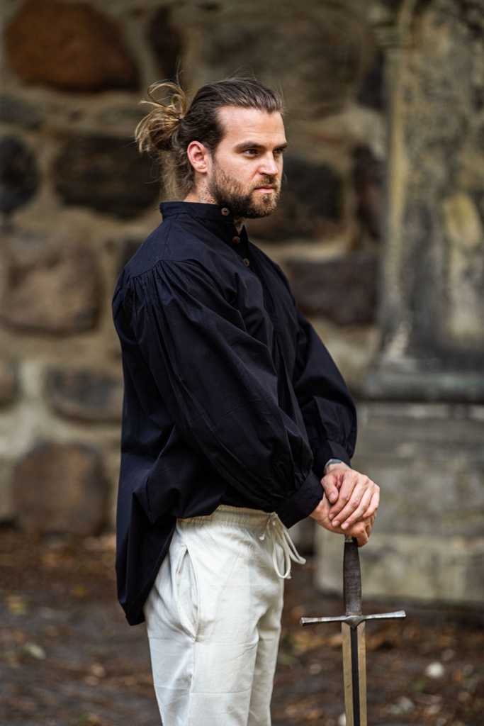 Biesenhemd mit Holzknöpfen Farbe schwarz, Baumwolle Mittelalterhemd