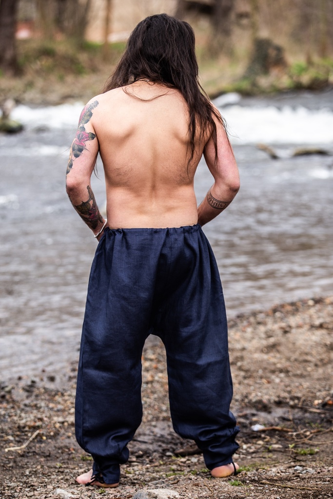 Wikingerhose mit Beinschnürung Wodan dunkelblau Leinen