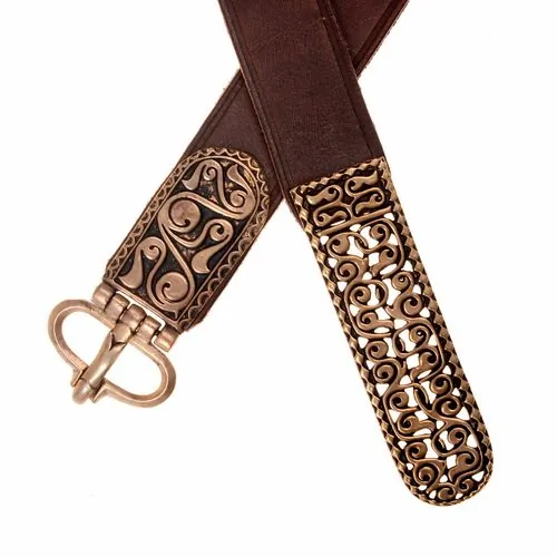 [10 Ger-3 Vrap.nl.bra.b] Awarischer Gürtel von Vrap - 3 cm (N (161 cm), braun, mit Ende, Bronze)