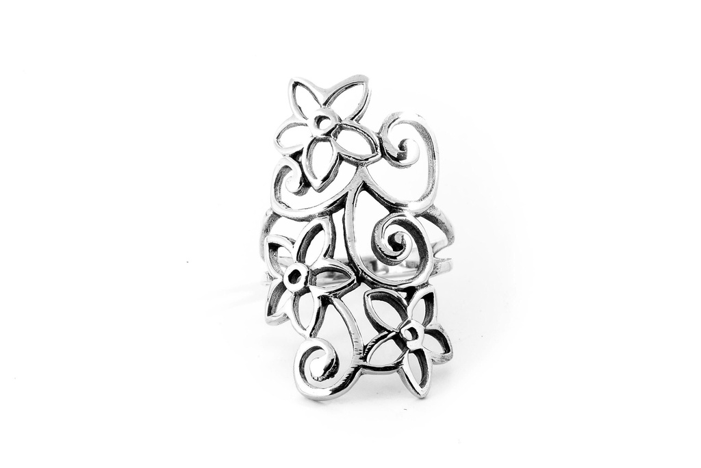 [r367.ri.14] TARA Ring aus Silber – Langer Elfen Damenring mit Blumenornament 2,9 cm (14 / 44)