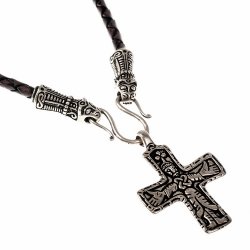 [07 CO Mand / Sanda.br] Wikinger-Collier „Mandermark“ mit dem Kreuz von Sanda – Lederhalskette mit Tierkopfenden  (65 cm braun)