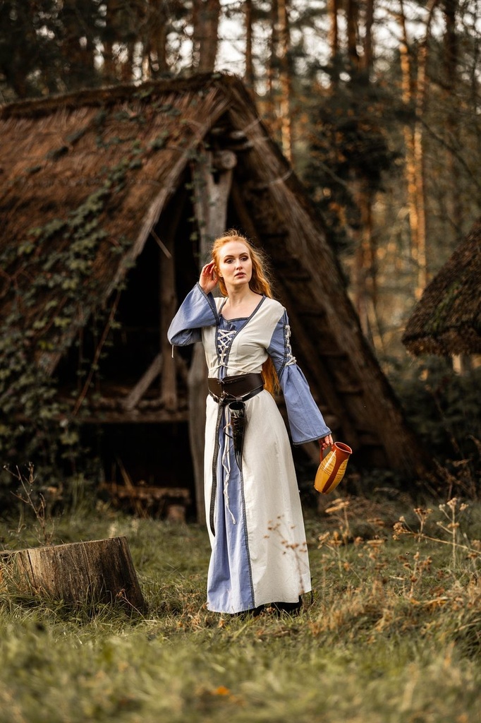 Mittelalter Kleid Amalia Natur/Taubenblau