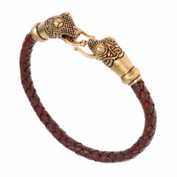 [7 Cord 5 Ose.kl.br.b] Wikingerarmband Oseberg mit Bronzedrachenköpfen - 5 mm (klein, braun / bronze)