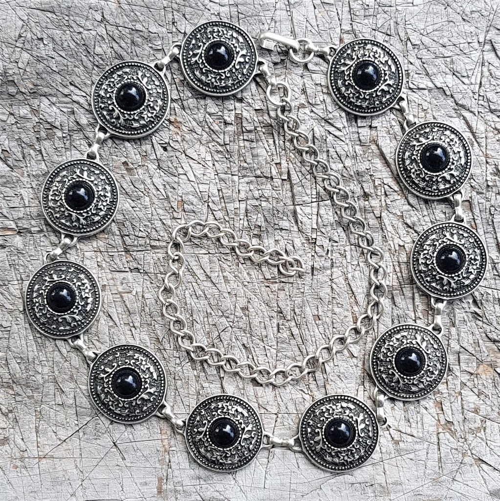 NITRAM, Kettengürtel, silberfarben, schwarze Perle
