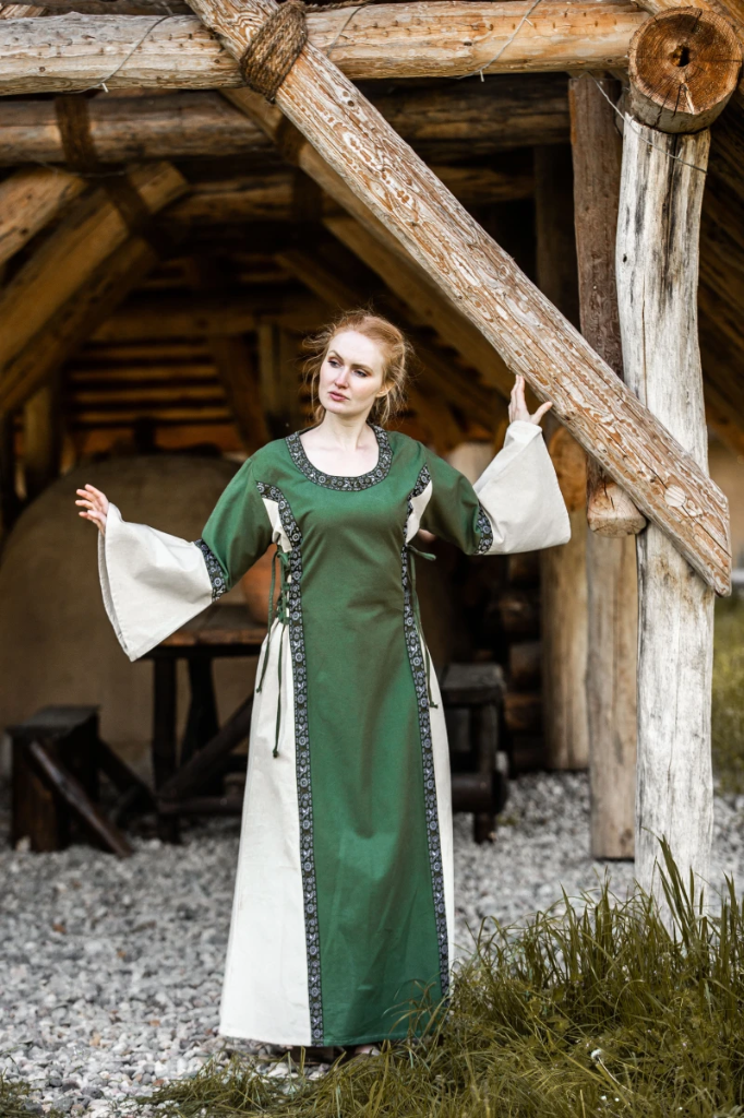 Mittelalter Baumwollkleid "Angie" Grün/Natur