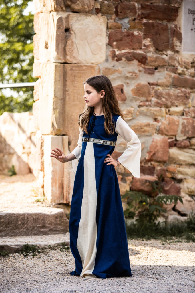 [4040bln] Mädchenkleid "Piccola Donna" in Blau-Natur – Eleganz für junge Mittelalterliebhaberinnen (XXXS)