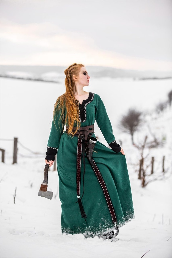 Wikinger-Kleid „Freya“ – Natürliche Eleganz in Grün mit schwarzen Akzenten (XS)