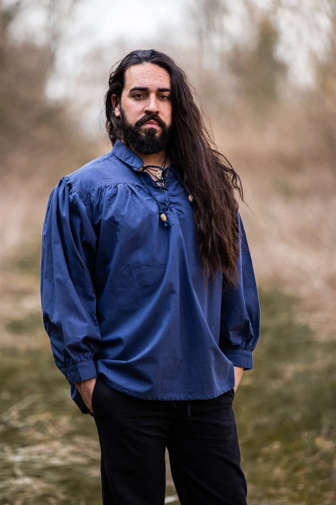 Mittelalter-Stehkragen-Schnürhemd „Friedrich“ – Authentisches Baumwoll-Leinen-Hemd in Blau 