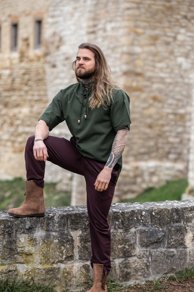 Mittelalter-Kurzarmhemd „Eric“ – Authentisches Baumwoll-Hemd in Grün