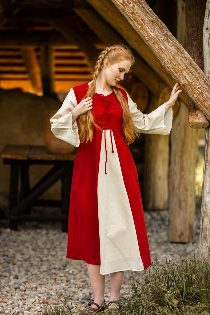 Mittelalter-Baumwollkleid „Ilse“ – Stilvolle Schlichtheit in Rot und Natur (XS)